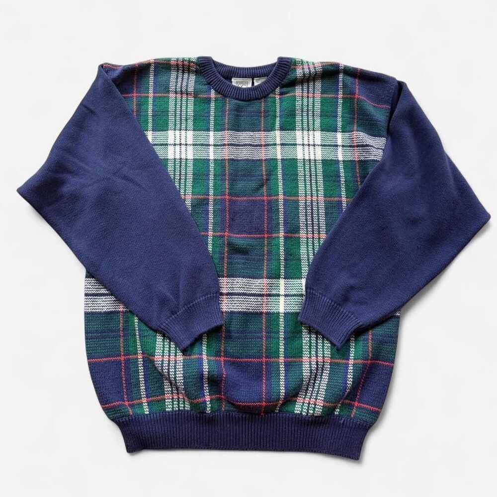 Vintage 90s Field Gear sweater cotton plaid  green, white, and red L